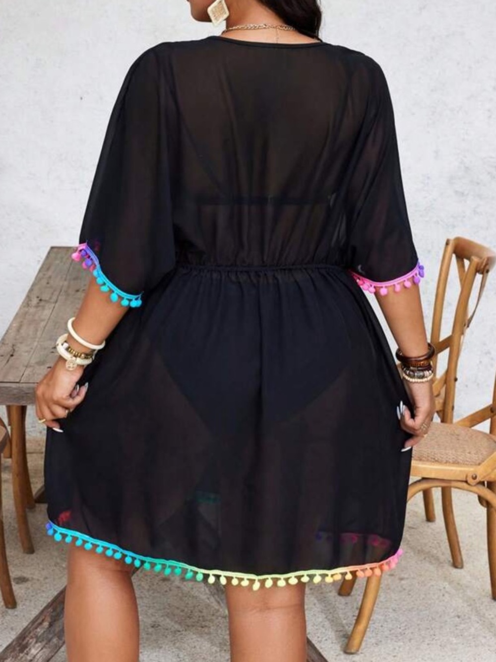 Black Sheer Swim Cover-Up Dress with Rainbow Pom Trim - Picture 2 of 5